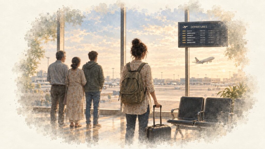 Woman standing alone with a suitcase at an airport departure gate